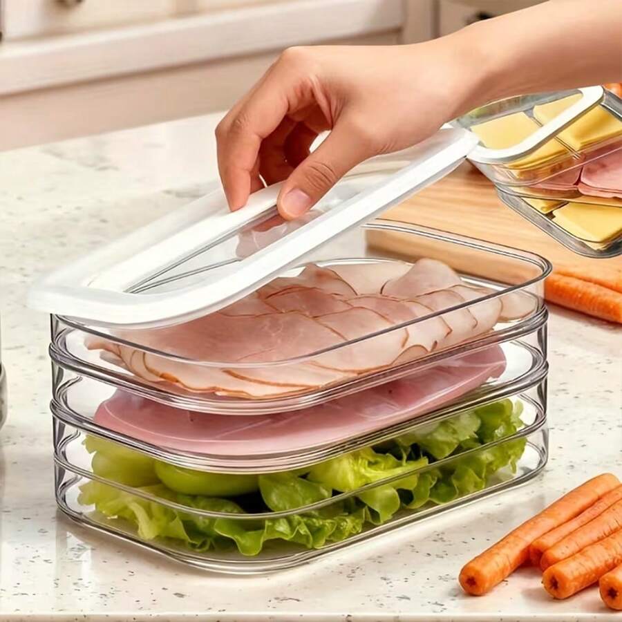 冰箱储物盒，肉类保鲜盒，熟食储物盒，可堆叠防漏设计，可重复使用，适用于冰箱/冷冻室，适合存放培根、火腿、奶酪、牛肉卷、虾等。实用时尚的冰箱收纳托盘，厨房配件，冷冻室储物盒，紧凑型储物盒，365天可用，冷冻室储物容器，冰箱收纳系统，可重复使用的储物托盘，设计紧凑，现代冰箱配件，可重复使用的容器 - 彩色 - 查看 1