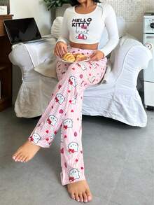 Sanrio 2pcs Women Stitch Print Crew Neck Long Sleeve Top + Elastic Waist Straight Pants Pajama Set - Pink - View 7