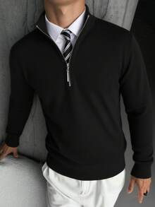 Men's Casual Long Sleeve Half-Zip Pullover Sweater, Versatile For Daily Wear - Black - View 1