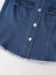 3pcs/Set Tween GirlsOutdoor Casual Outfit - White Long Sleeve Round Neck T-Shirt, Simple Button Denim Vest Jacket, And Wide Leg Long Jeans - Dark Wash - View 8