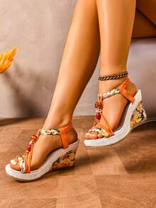 Beige Summer Vacation Style Straw Woven Bottom Wedge Sandals, Women's Beaded Beach Party Holiday Retro Buckle Design High Heel Platform Espadrille Shoes - Orange - View 2