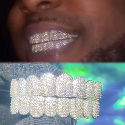 2件套铜镶嵌立方氧化锆全镶钻牙套，闪亮嘻哈牙齿饰品，适合各种节日和派对