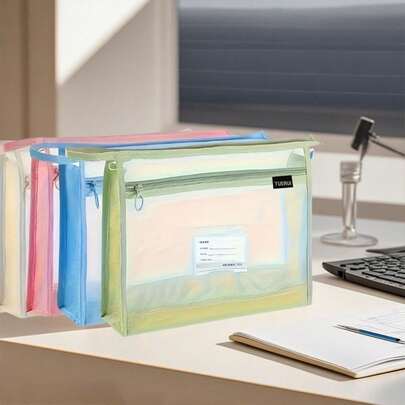 4pcs Large-Capacity A4 Mesh File Bags Double Zippers Design, Multi-Layer Compartmentalization, Portable Document Storage Bag, With Hanging Handle, Suitable For Business Meetings Student Assignments