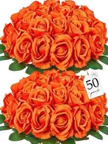 50 Pcs Artificial Roses Bulk Velvet Silk Orange Roses Orange Roses For Wedding Centerpieces Bridal Bouquet Mother's Day Valentine's Day Home Decor (50, Orange) - 橘色 - 查看 2