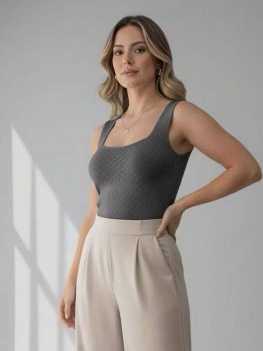 Women's Basic Modal Knit Bodysuit With Square Neckline - Summer Fashion - Dark Grey - View 1