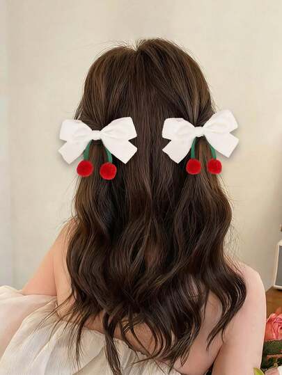2 件装樱桃发夹，白色天鹅绒蝴蝶结鳄鱼夹，可爱水果蝴蝶结发夹，女士双马尾发带，可爱樱桃发卡，发饰，爪夹，发夹