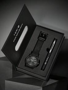 TOMI 男士石英表套装，含钢笔，简约商务风格日历腕表，高档真皮表带，礼盒包装，适合日常生活、商务活动和圣诞节等场合。 - 黑色 - 查看 3