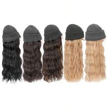 Knitted Beanie Hat Hair Extensions Hairpieces 18inch/45cm Long Wave Wigs With Synthetic Wig Soft Hairpiece Add Volume & Length Warm Screwed Cold-Resistant Black/White/Grey/Red Beanie Wig Curly Hairpieces Black Brown Blonde For Winter Women Daily Party Christmas Gift - Dark Brown mix Sandy Blonde - 查看 2