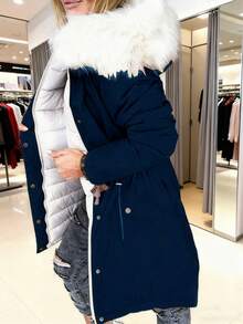 Women's Reversible Long Sleeve Jacket With Fur Collar, Autumn/Winter - Navy Blue - View 4