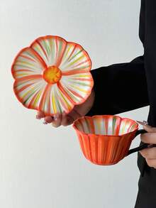 一套彩色线条花卉陶瓷咖啡杯碟，手绘可爱马克杯，适合居家聚会、装饰、生日、情人节、婚礼、派对、送礼等场合。 - 彩色 - 查看 7