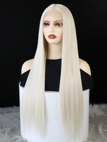 180% Density 13x4 Platinum Blonde Straight Synthetic Lace Front Wig, High Quality Heat Resistant Fiber, Complete Set For Women, Halloween - Multicolor - View 7