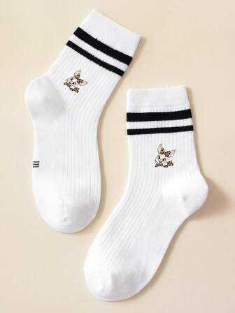 1 双儿童袜子，樱桃字母图案，男女童四季简约休闲运动中筒袜。