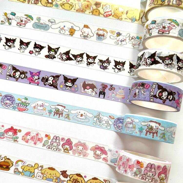10 rullar Sanrio Washi Tape, söta tecknade klistermärken för scrapbooking, journaling, dekorativt hantverk - inkluderar karaktärer som Hello Kitty, Kuromi, My Melody, Pompompurin - Multifärgad - Visa 4