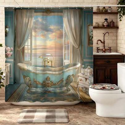 1pc Luxury Bathroom Decor Vintage Tub Panoramic Ocean View Art Print Ambiance Curtain Bathroom Shower Curtain Polyester Shower Curtain With Hooks