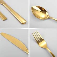 金色餐具套装，优雅餐具套装，易于清洁，可重复使用，适合户外烧烤、公司团建、生日派对、婚宴及其他活动 - 金色 - 查看 5