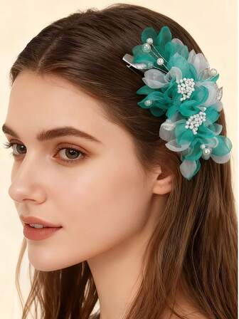 1pc Handmade Chiffon White Flower Lace Hair Clip, Bridal Headpiece Accessory