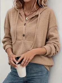 Áo nỉ nữ màu trơn có mũ trùm đầu, dây rút, cài nút, vai rớt, kiểu dáng thường ngày, thích hợp cho mùa Thu/Đông. - Màu Khaki - Xem 6
