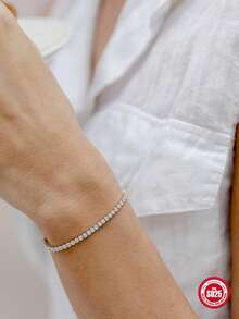 1Pc 925 Sterling Silver Simple Geometric Elements Cubic Zirconia Connected Finger Ring Bracelet Hypoallergenic Pure Silver Suitable For Women For Daily, Dates, Vacation, Wedding, Party, Holiday Gift - Silver - View 5