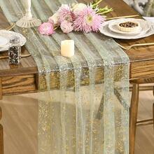 Sage Green Gold Gauze Table Runner 120 Inch 10FT, Glitter Metallic Foil Sheer Dining Wedding Anniversary Holiday Birthday Table Decor For Home Party,28inchx120inch,SageGreen - 鼠尾草綠 - 查看 1