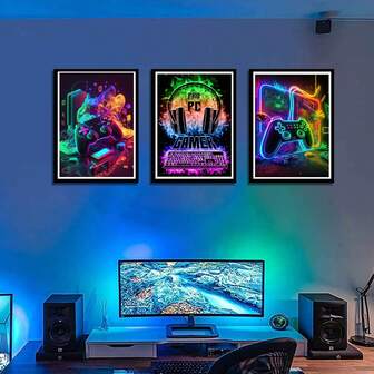 3pcs Cool Gaming Wall Art, Game Watercolor Posters Pictures Colorful Neon Gamepad Canvas Painting Prints For Boys Room Kids Game Room ,Bedroom, For Boys Home Decoration,No Frame