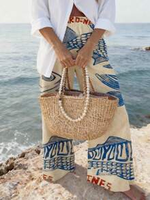 女式春夏时尚休闲舒适鱼纹口袋细节裤波西米亚风假日