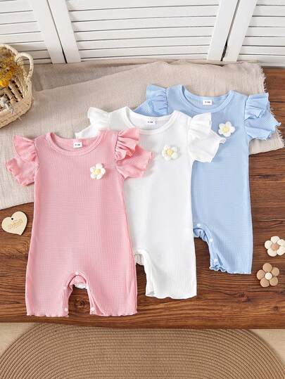3pcs Baby Girls Floral Decor Ruffle Trim Waffle Romper Set, Sweet & Comfortable Summer Cute Infant Shortall