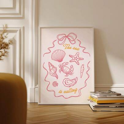 1pc Frameless Peach & Coral Beach Wall Art, Shell Print Coastal Cowgirl Poster, Printable Coconut Girl Decor, Tropical Aesthetic Print, Bohemian Beach House Decor, Gift For Ocean Lovers, Summer Dorm Room Aesthetic