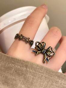 2件套复古蕾丝蝴蝶结装饰开口戒指套装，适合女士日常佩戴