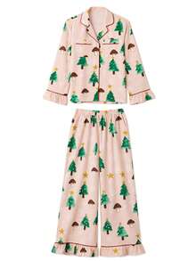 Women's Christmas Pajama Set Long Sleeve Lapel Mushroom Christmas Tree Print Shirt Pants Sleepwear - Rosa - Ver 9