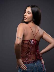 Sparkly Lace Blouse In Marsala With Sequins, 2000s Style - 紅木色 - 查看 3