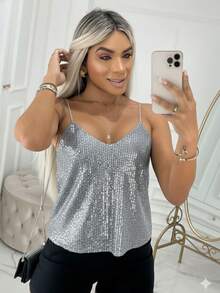 Women's Sequin Tank Top With Spaghetti Straps - 2025 - Màu xám đen - Xem 2