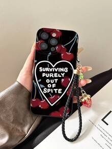 Cherry Heart Letter Graphic Tech-Inspired Perforated Black Painted With Strawberry Wrist Strap Minimalist Fashion Creative Shockproof Phone Case Compatible With IPhone 17/17 Pro/17 Pro Max/16/11/16 Pro/16 Plus/16 Pro Max/16E/15 Pro Max/13/14/12/XS/XR/7G/8P, Compatible With Samsung Galaxy S25/S25 Plus/S25 Ultra/A16/A36/A26/A56/A50/A12/A32 - Multicolor - View 2