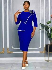 AOMEI 大码蓝色中长连衣裙，饰有花朵和腰带 - 适合教堂、办公室、婚礼或正式聚会。优雅的七分袖和迷人的荷叶边设计，打造别致的晚礼服造型，时尚服饰系列。 - 藍色 - 查看 3