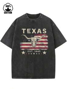 Vintage Texas And Longhorn Print Men's Washed And Distressed Print Round Neck Short Sleeve Casual T-Shirt - Black - View 1