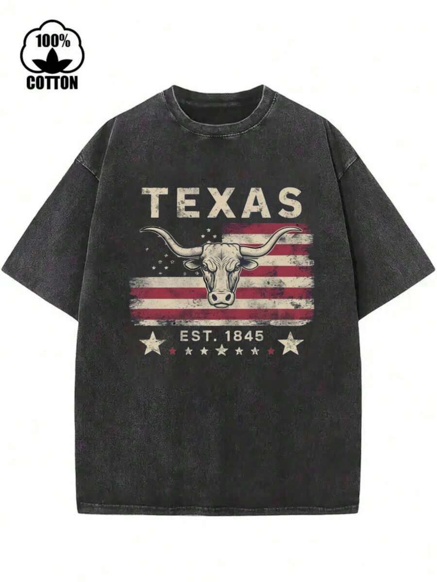 Vintage Texas And Longhorn Print Men's Washed And Distressed Print Round Neck Short Sleeve Casual T-Shirt - Black - View 1