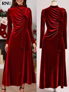 RNU Đầm maxi nhung màu đỏ tía trơn dành cho nữ, cổ cao, nơ lớn, trang phục thanh lịch cho quý cô, mùa thu/đông, đầm dài xếp ly, thích hợp cho lễ hội, tiệc năm mới, hẹn hò, kỳ nghỉ, thường ngày, trang phục mùa thu, trang phục ngày Valentine, đầm sinh nhật màu đỏ, trang phục mùa đông, thời trang đa năng, thiết kế độc đáo, đầm maxi dài tay dáng chữ A thanh lịch dành cho khách dự đám cưới. - Màu Đỏ Sâu - Xem 5