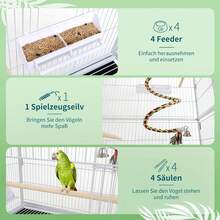 Large Metal Bird Cage With 4 Wheels, Budgie Cage With Feeding Bowl, Cage Toy, Jumping Swing For Bird With 2 Doors, 4 Wooden Poles, 132 X 78 X 52 Cm - 白色 - 查看 5