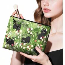 XAPY C Makeup Bag For Purse Of Cosmetic Bags For Wen Fun  Zper Travel Tetry Pouch 10X8 Inches-Black Cat Floral Makeup Pouch - 白色 - 查看 2