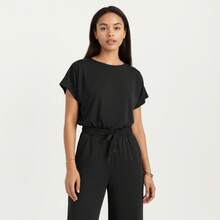 Women's 2-Piece Set Short Sleeve Relaxed Fit Top And Wide Leg Pants With Soft Stretch Fabric And Drawstring Waist - 黑色 - 查看 2
