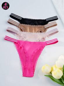 4pcs Women's Solid Color Lace Trim Sexy Thong Panties, High Elasticity Breathable Soft Skin-Friendly Daily Underwear - Multicolor - View 3
