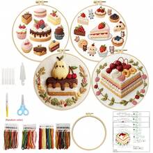 初学者刺绣套装 - 甜点主题，预印巧克力蛋糕和马卡龙图案，包含20厘米绣绷、绣线、绣针和工具，手工工艺套装
