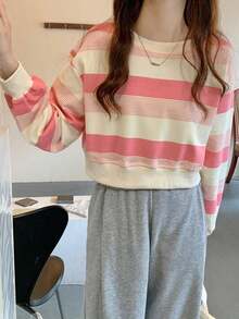 Camiseta de cuello redondo a rayas estilo americano para mujer. Novedad de otoño. Sudadera ligera y holgada. Top de manga larga. - Rosa - Ver 4