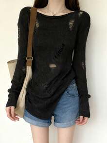 2023秋冬女款Y2K镂空做旧纯色圆领长袖休闲毛衣 黑色 - 黑色 - 查看 4