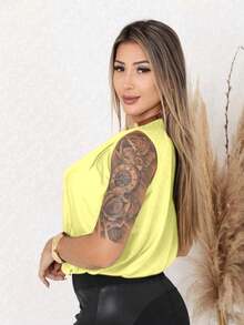 Women's Tank Top In Supplex Fabric, Simple, Casual, Party, Crossover, Ruched, Asymmetrical, Evening. - Yellow - View 2