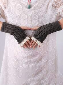 1 Pair Autumn/Winter Knitted Fingerless Gloves For Women, New Lace Trim Half Finger Gloves, Versatile & Warm Wrist Warmers - Multicolor - View 4