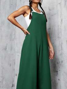 Overall mujer dama casual vintage holgado comodo pana bolsillos costados relajado versatil juvenil streetwear urbano moderno tirantes ajustables corte ancho - Verde bandera - Ver 2
