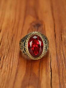 1枚18K镀金奢华复古红色立方氧化锆简约男童戒指，不锈钢首饰，送给好朋友的生日礼物，派对饰品 - 紅色 - 查看 3