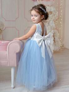 Young Girl With Blue Lace Long Skirt And Elegant Dress, With Large Bow Decoration On The Back, Suitable For Flower Children's Weddings, Birthday Parties, Hosts, Stage Performances And Other Important Occasions. The Skirt Is Very Noble. After Wearing It, The Little Girl Is Very Cute And Elegant. - Blue - View 3