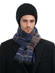 1pc Men's Gentleman Style 30*180cm Simple Warm Scarf, Suitable For Business, Outings, And Daily Wear, Autumn/Winter - Blue-brown Stripes - View 4