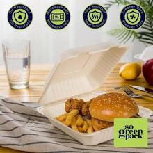 50 sets de contenedores para llevar de 8"X8" con tapas, cajas de comida desechables grandes tipo concha, cajas reutilizables para preparación de comidas para llevar con 1 y 3 compartimentos - Beis - Ver 5